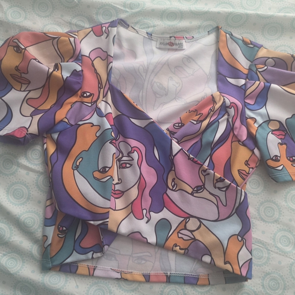 Abstract Face Print Wrap Top in Pastel Multi